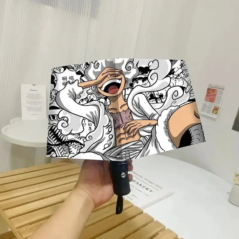 Infinite Visibility One Piece Nika Luffy fold umbrella with automatic opening and sunscreen fabric, compact and portable for sunny days.