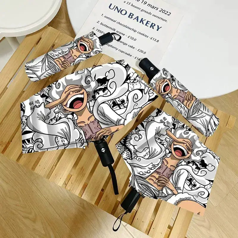 Infinite Visibility One Piece Nika Luffy fold umbrella with automatic open, featuring sun protection and character design.