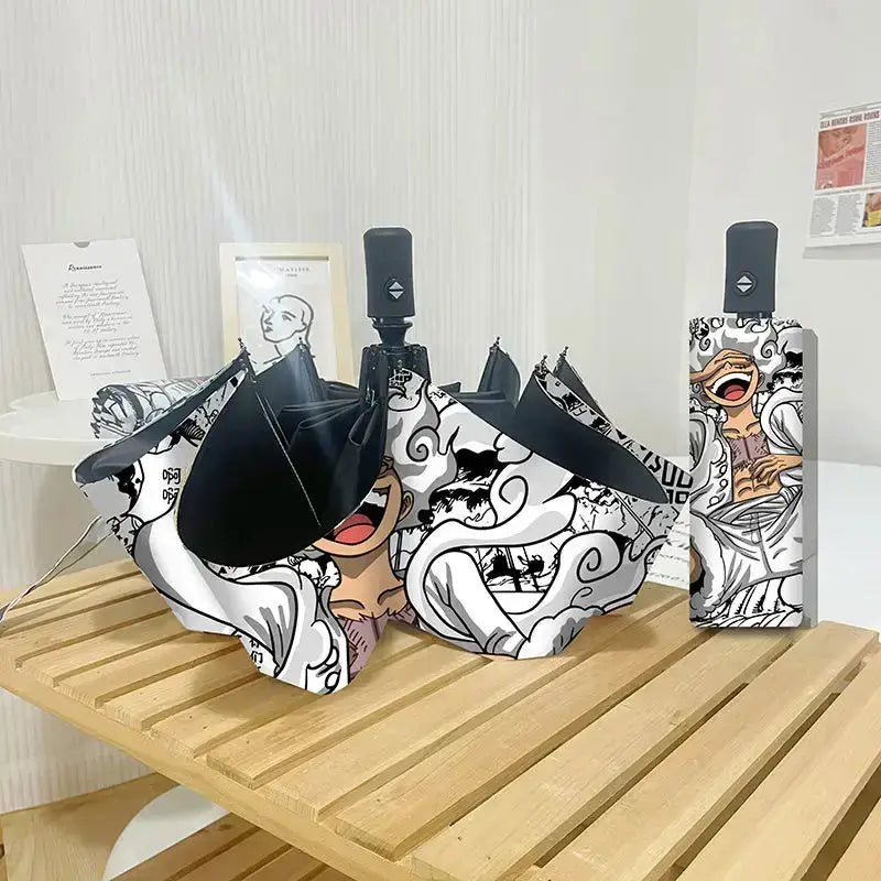 Infinite Visibility One Piece Nika Luffy fold umbrella with automatic opening and sunscreen protection, featuring vibrant character design.