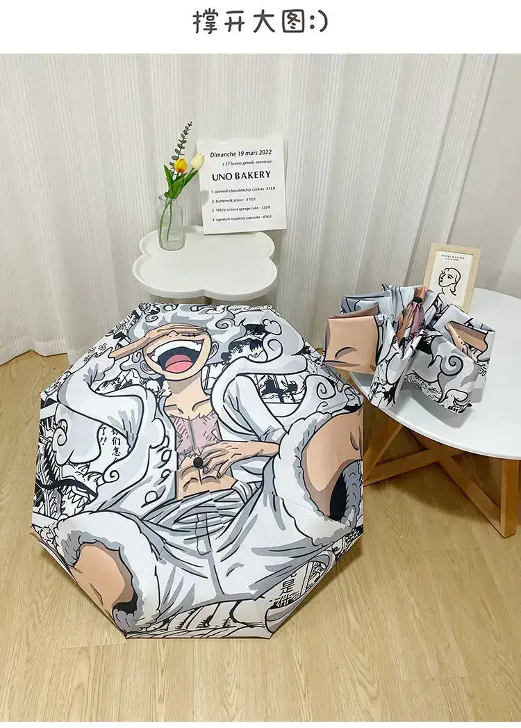 Infinite Visibility One Piece Nika Luffy fold umbrella with automatic open, sun protection, featuring character design and compact size.