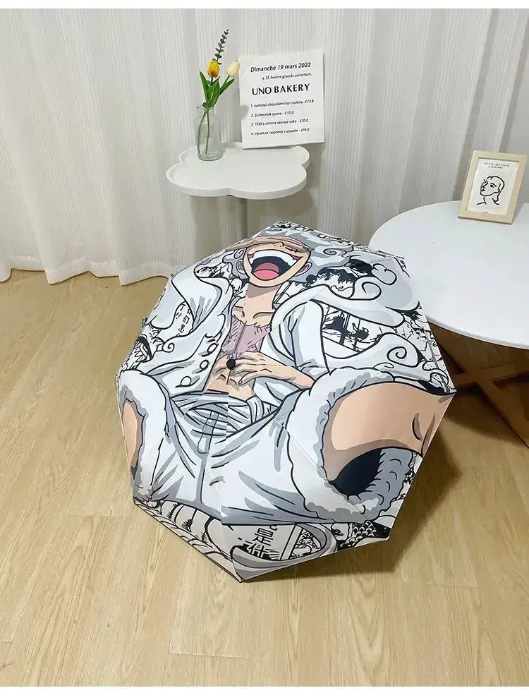 Infinite Visibility One Piece Nika Luffy fold umbrella with automatic open, sun protection, featuring vibrant character design.