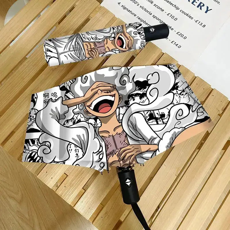 Infinite Visibility One Piece Nika Luffy fold umbrella with automatic opening and sunscreen protection, featuring colorful character design.