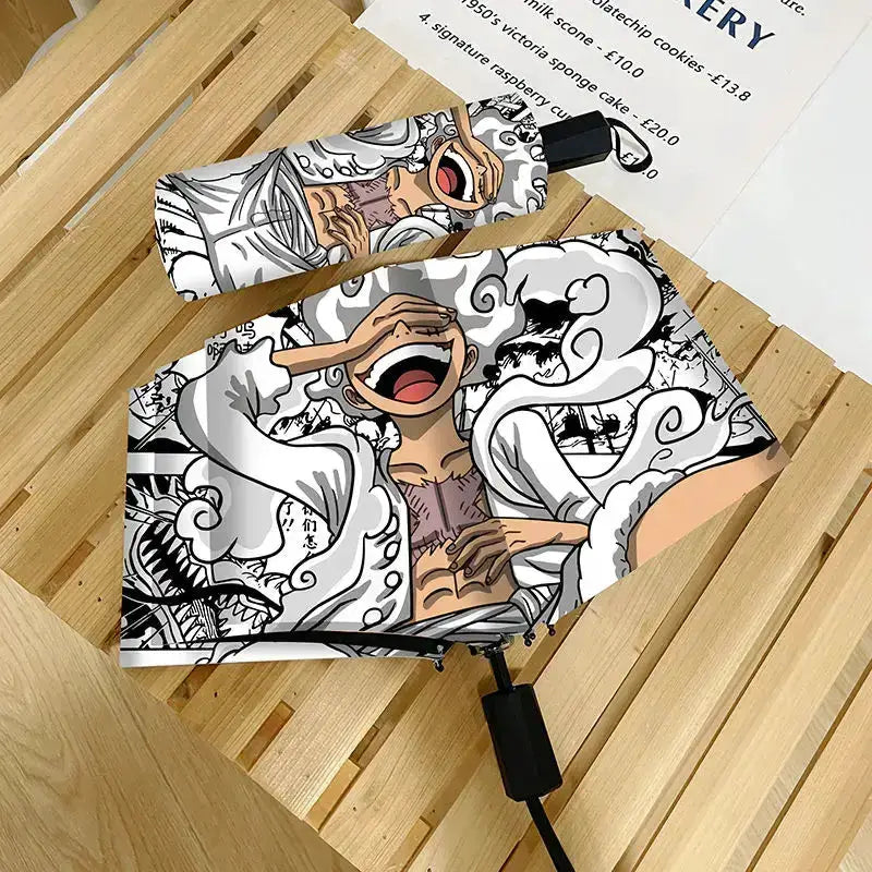 Infinite Visibility One Piece Nika Luffy fold umbrella with automatic opening, sun protection, featuring vibrant character design.