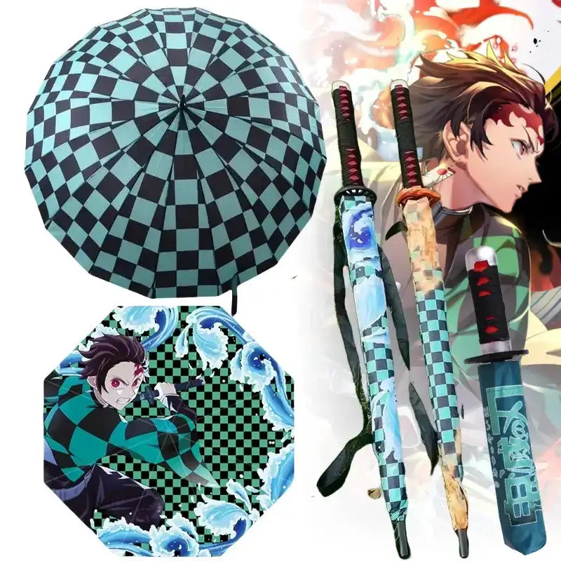 Tanjiro Katana-themed umbrella by Infinite Visibility featuring a long handle and demon slayer design, UV protection parasol.