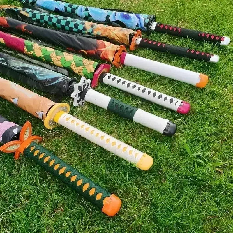 Tanjiro Katana umbrella from Demon Slayer with long handle, UV protection, featuring detailed sword-inspired design by Infinite Visibility