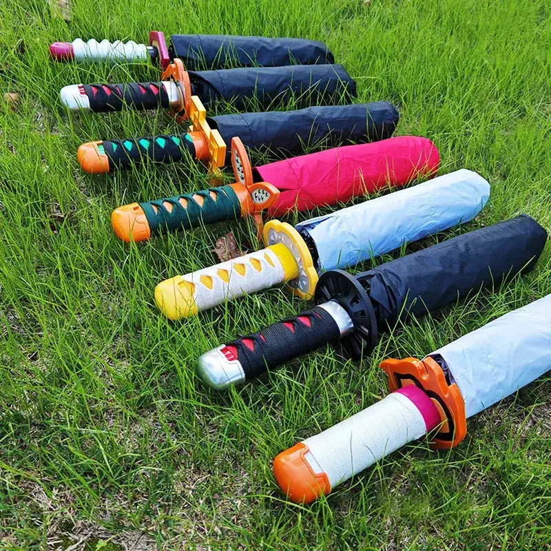 Tanjiro Demon Slayer katana umbrella with long handle and UV protection, featuring intricate blade and handle design.