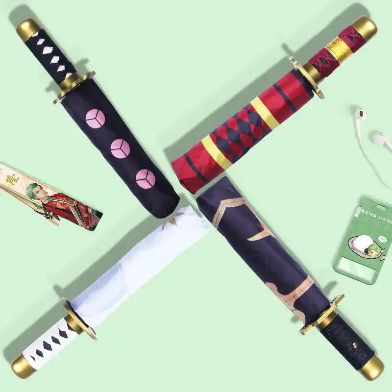 Tanjiro Katana Umbrella from Demon Slayer with long handle, UV protection, designed by Infinite Visibility, featuring a sword-inspired design.
