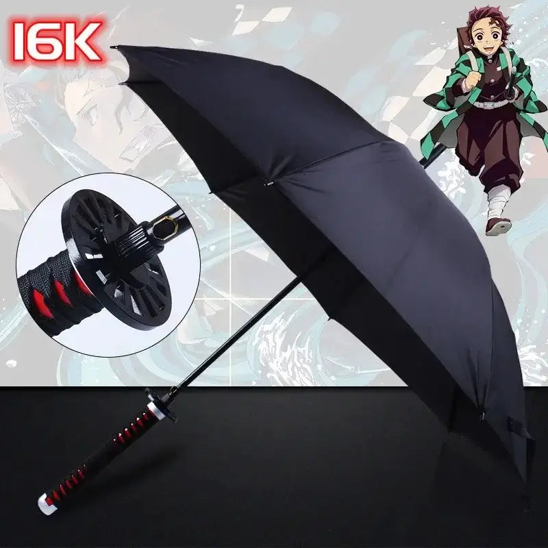 Tanjiro Demon Slayer katana umbrella with long handle, UV protection parasol featuring detailed character design and vibrant colors.