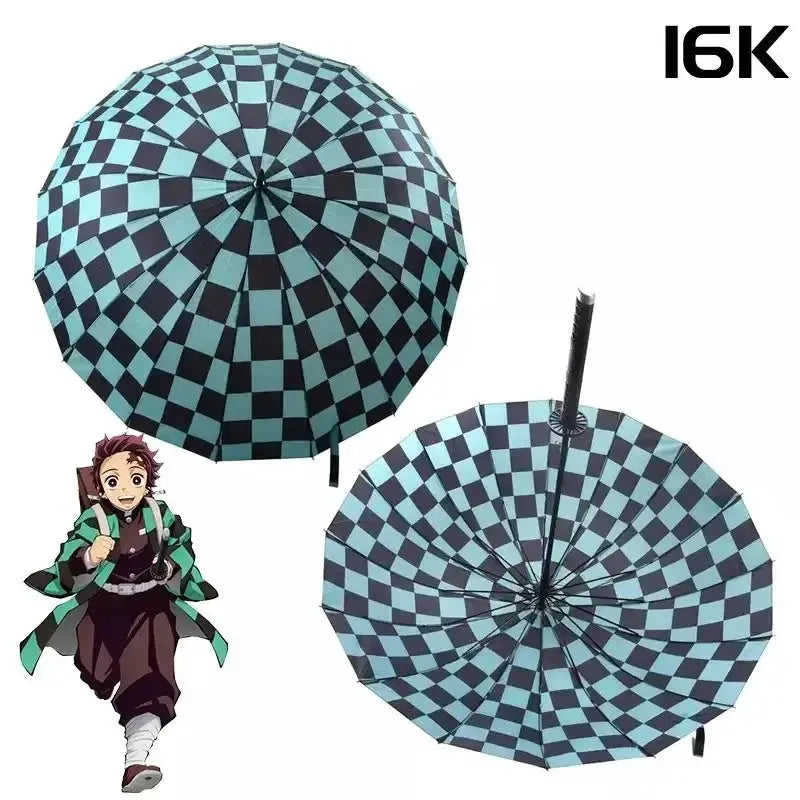 Tanjiro Demon Slayer Katana umbrella with long handle, UV protection, featuring detailed sword design and vibrant colors.