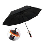 Tanjiro Katana umbrella with long handle, Demon Slayer-inspired UV parasol featuring detailed design and tan color.