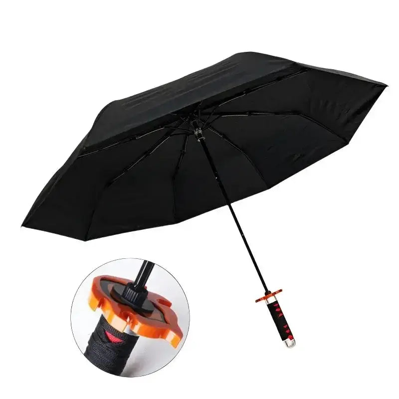Tanjiro Katana umbrella with long handle, Demon Slayer-inspired UV parasol featuring detailed design and tan color.