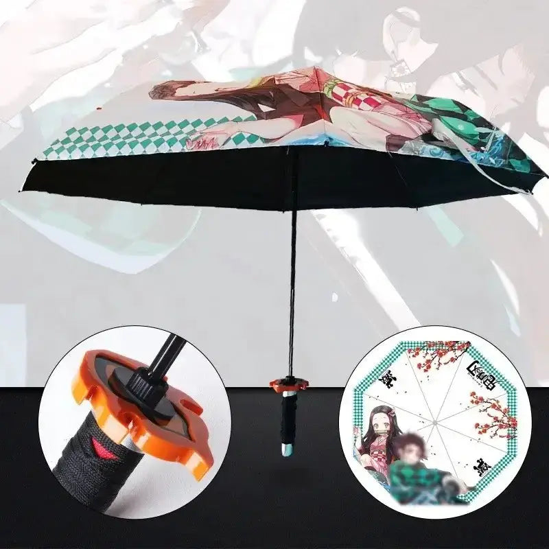 Tanjiro Katana Umbrella from Demon Slayer featuring a long handle and UV protection, with detailed katana-inspired design.