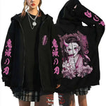 Oversized Kamado Nezuko Demon Slayer zip-up hoodie featuring detailed character graphics, designed by Infinite Visibility.