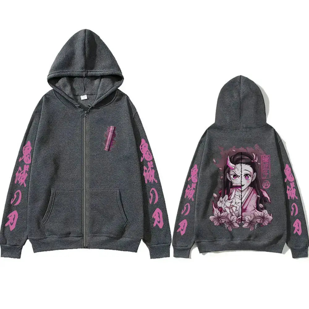 Over-sized Kamado Nezuko Demon Slayer hoodie featuring detailed demon slayer artwork and a zipper front, from Infinite Visibility.