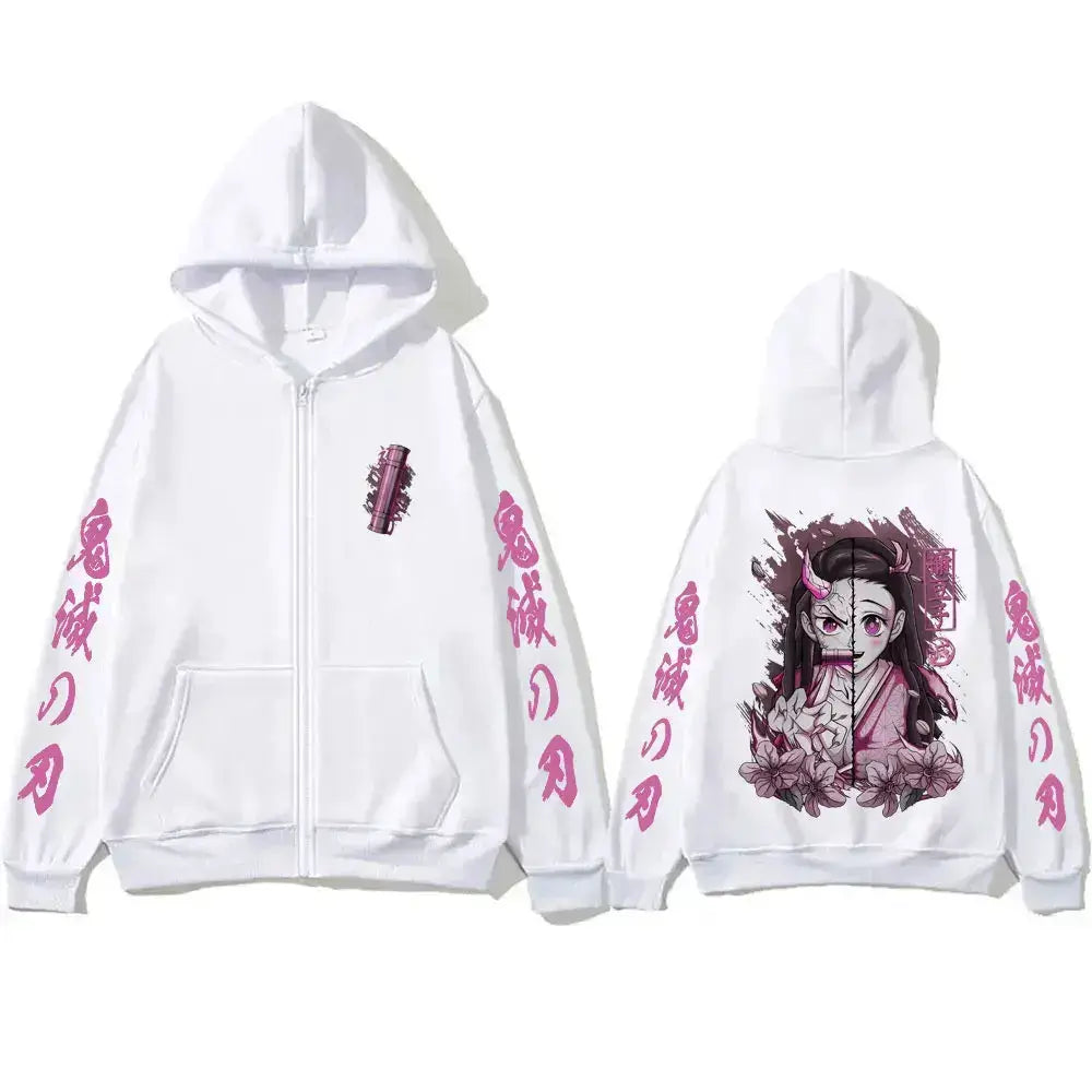 Oversized Kamado Nezuko Demon Slayer hoodie with zipper, black hoodie featuring Nezuko's design, from Infinite Visibility.