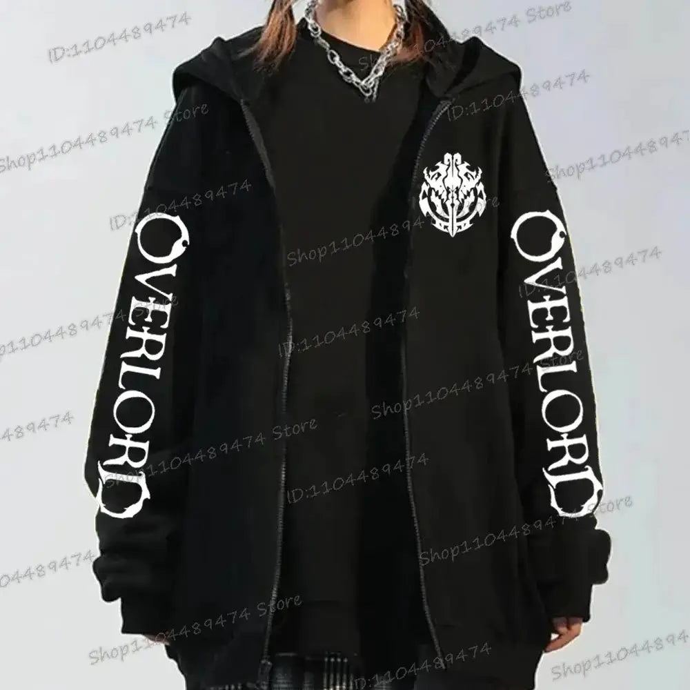 Black zip-up sweatshirt featuring horror skull graphic and hood, by Infinite Visibility, perfect for Harajuku-inspired street style.