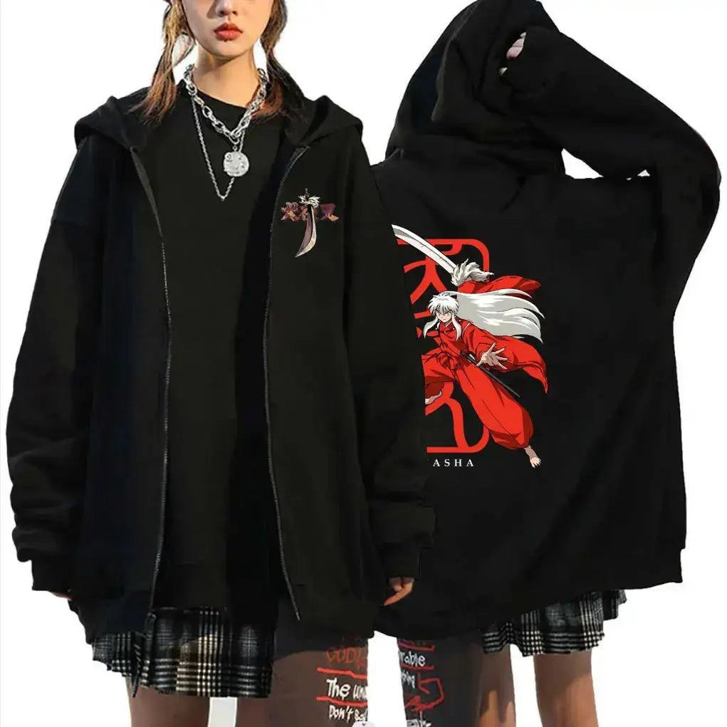 Unisex Inuyasha graphic zipper hoodie with manga design, Infinite Visibility brand, featuring a zip-up sweatshirt with detailed character artwork.