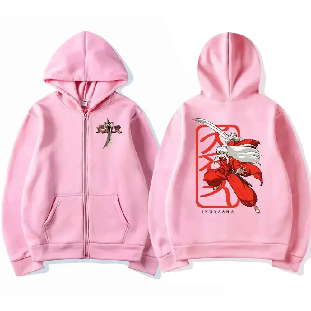 Unisex Inuyasha graphic zipper hoodie featuring manga-inspired design, made by Infinite Visibility, with a front zip closure and vibrant artwork.