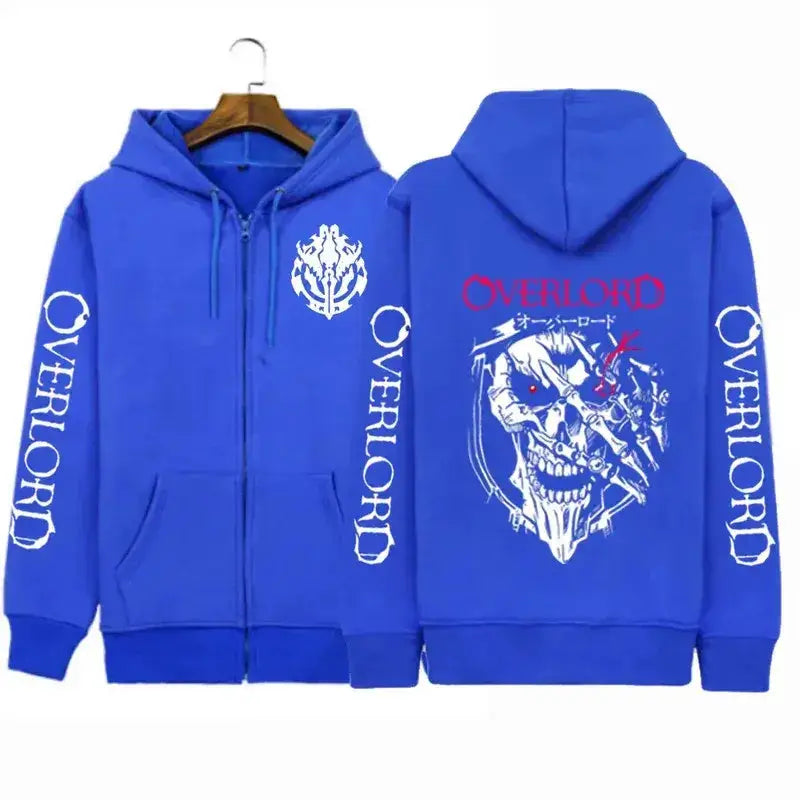 Black Overlord cosplay horror skull hoodie by Infinite Visibility, featuring Ainz design and zip-up front, worn as a stylish sweatshirt