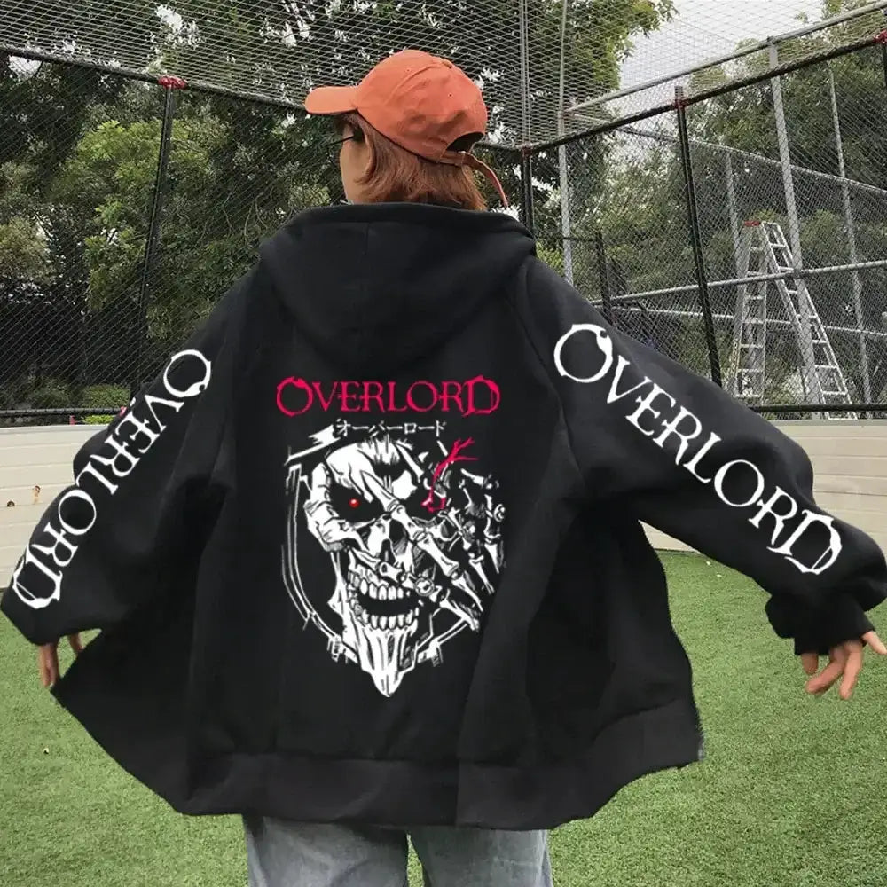 Black zip-up sweatshirt featuring Overlord Ainz Horror Skull design, Infinite Visibility brand, casual cosplay hoodie.