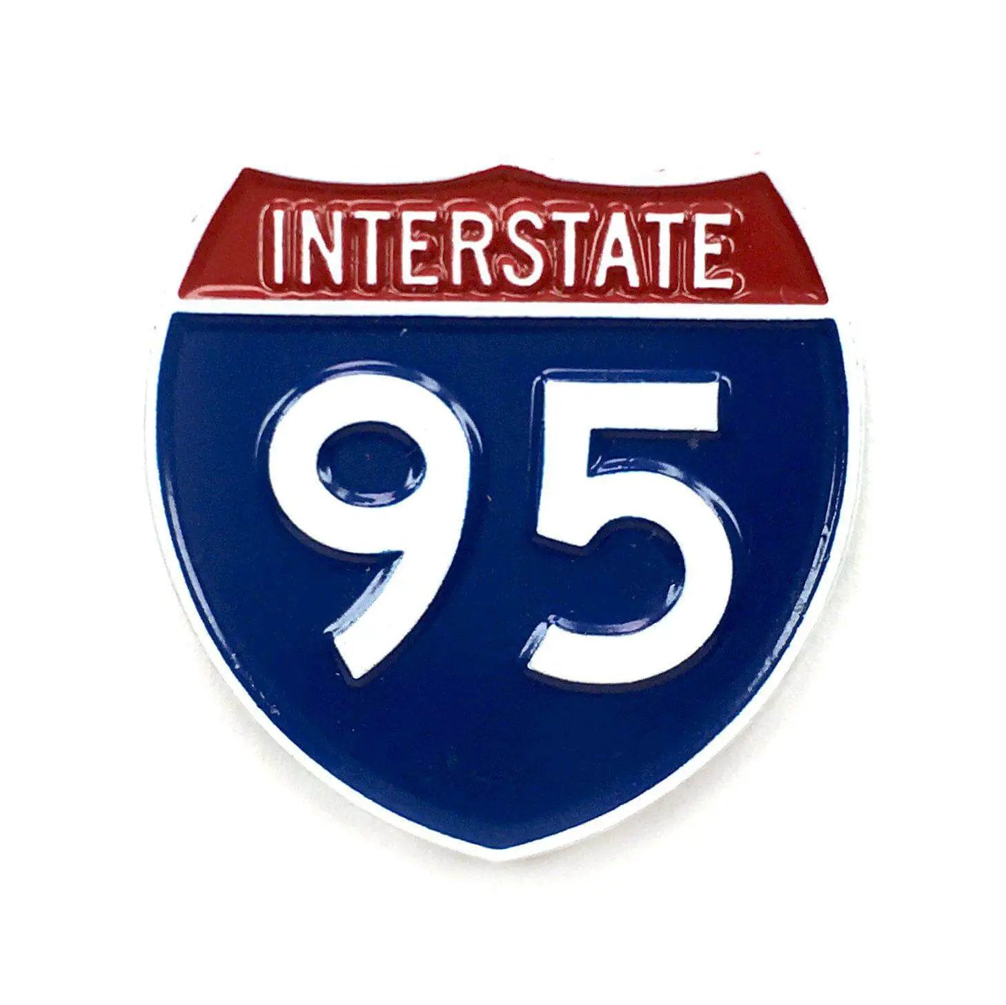 Kolorspun enamel pin featuring the Interstate 95 highway design, collectible pin with detailed highway imagery.