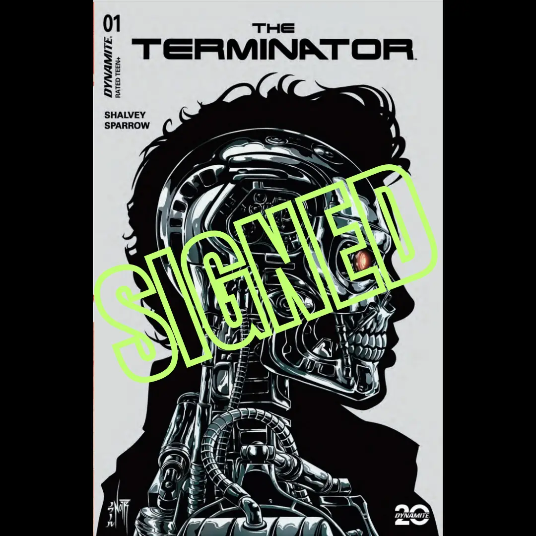 Signed Terminator #1 comic book by Jams Fortress Comics, black and white variant, featuring artwork and a Certificate of Authenticity.