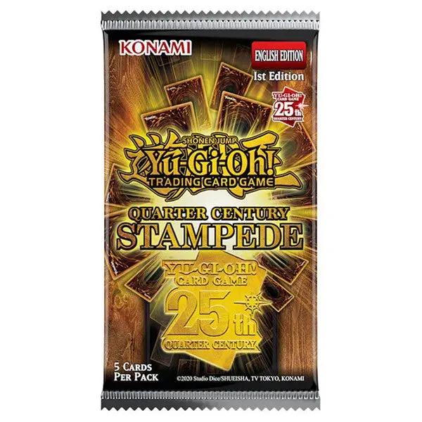 Yu-Gi-Oh! Quarter Century Stampede Booster Pack from THE MIGHTY HOBBY SHOP featuring colorful trading cards in a sealed pack.