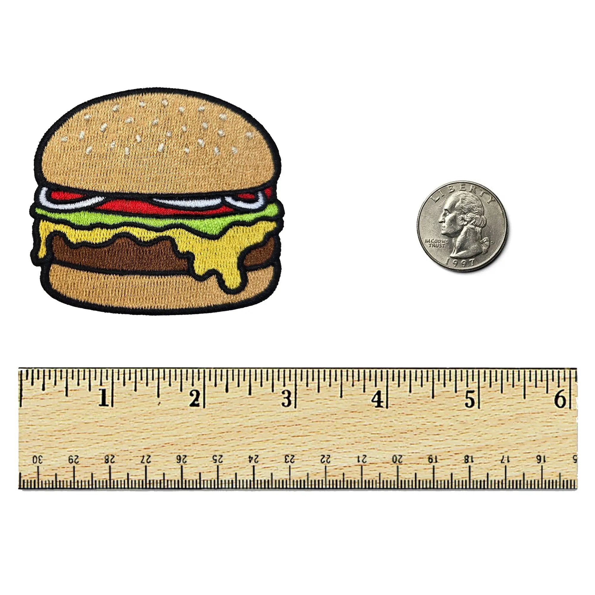 Kolorspun Cheeseburger Patch sewn onto a fabric, featuring a colorful and detailed embroidered burger design.