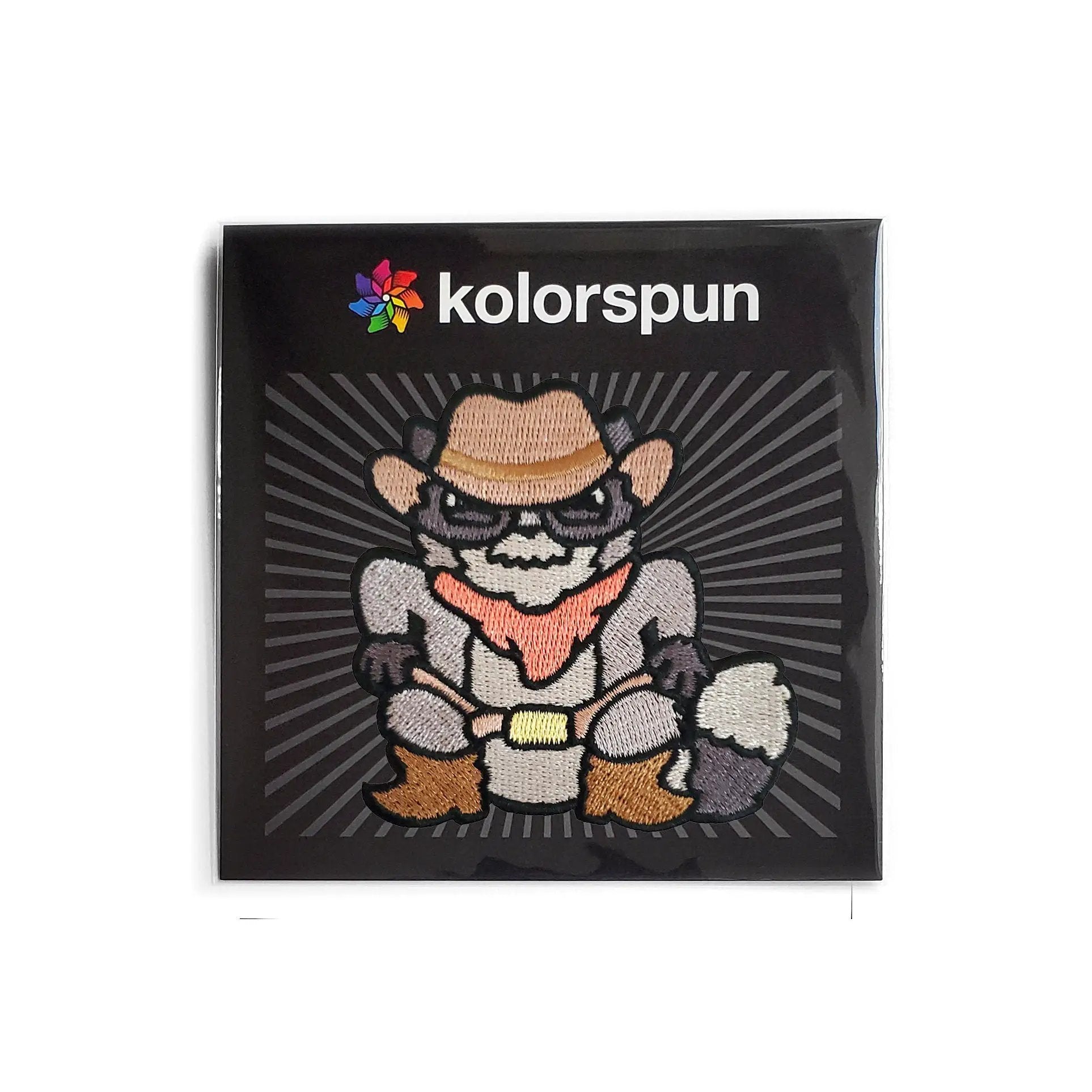 Kolorspun Cowboy Raccoon Patch featuring a detailed embroidered raccoon design on a patch for clothing or accessories