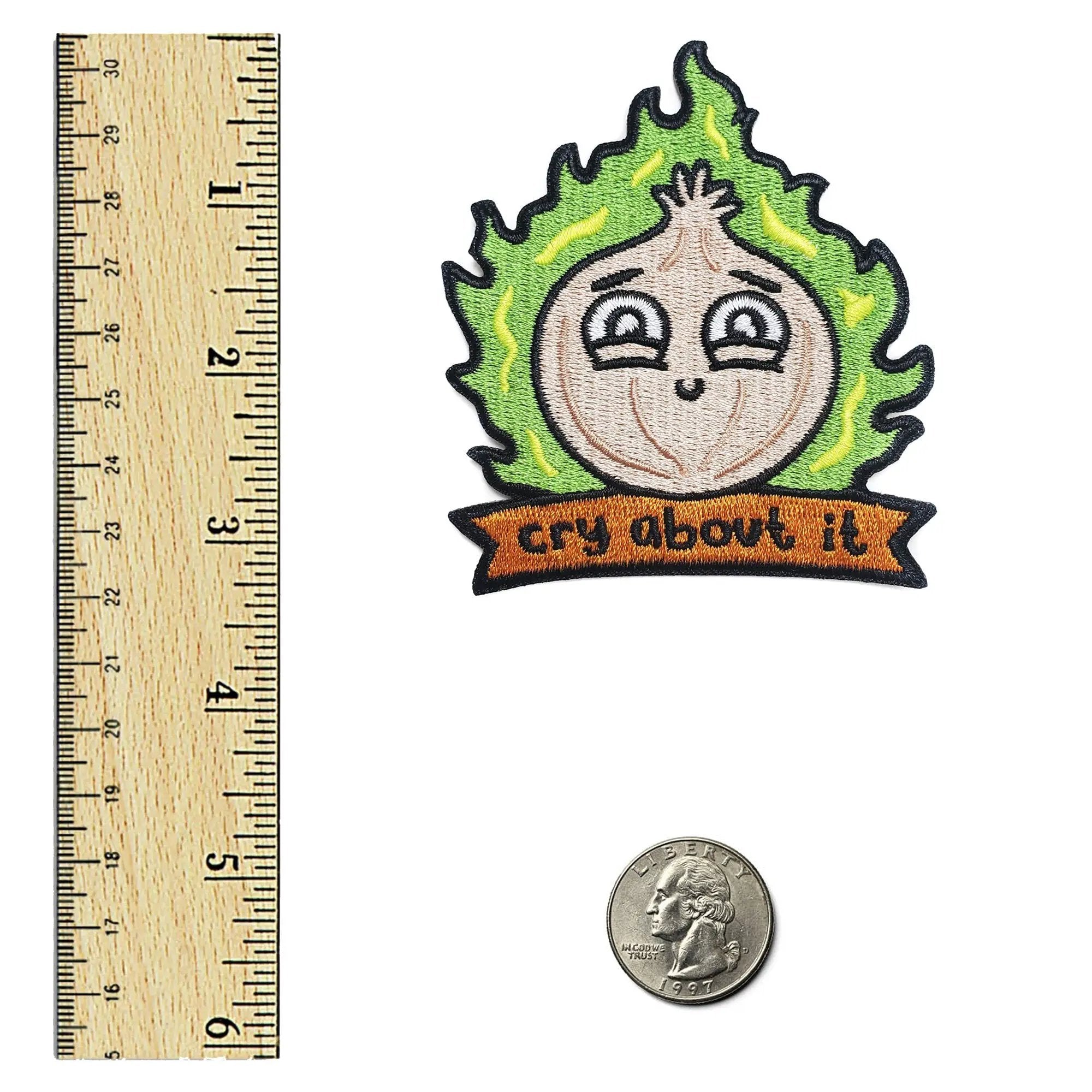 Kolorspun Cry About It Onion Patch showing a colorful embroidered patch with a crying onion character on a white background