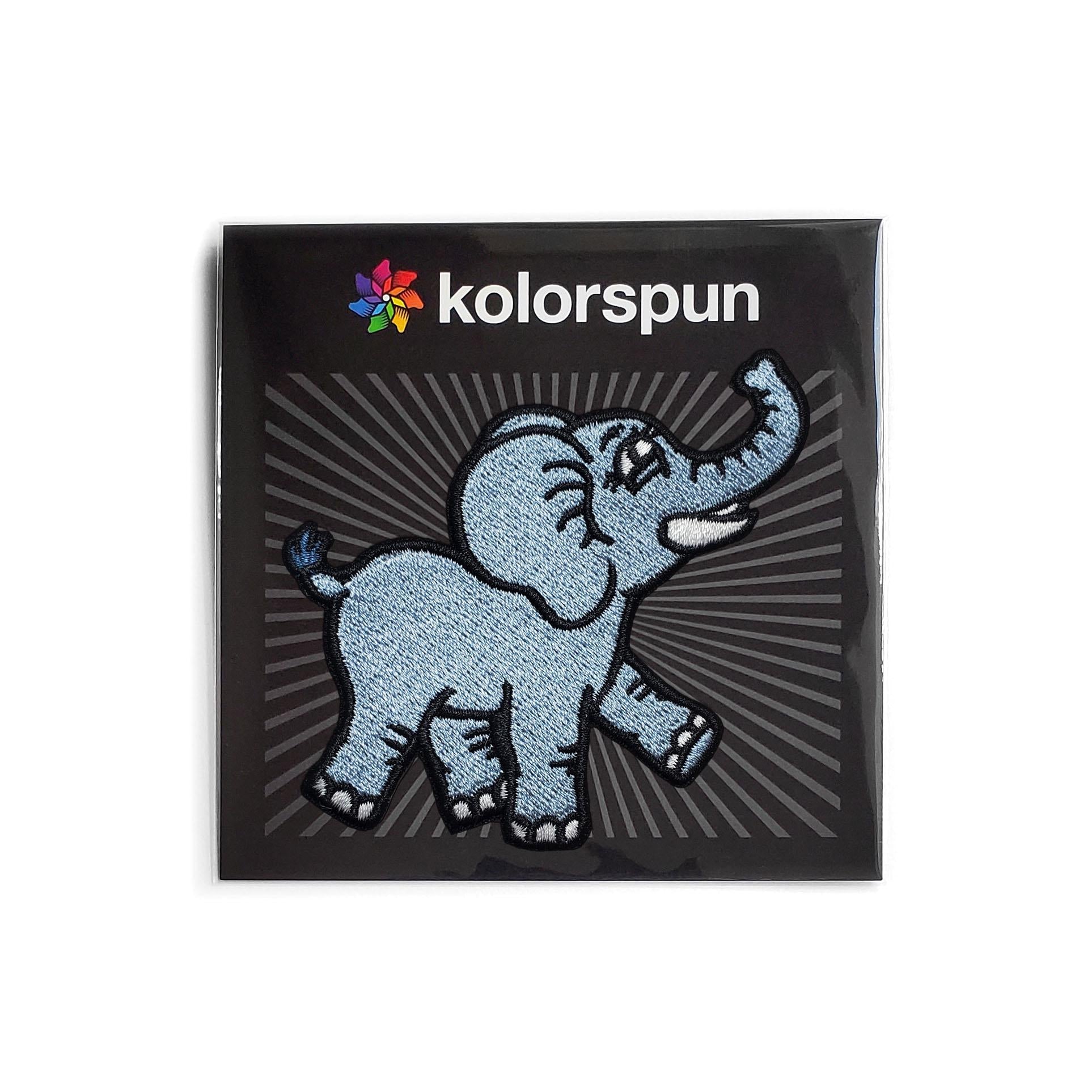 Colorful elephant patch by Kolorspun featuring vibrant embroidery and detailed stitching on fabric.