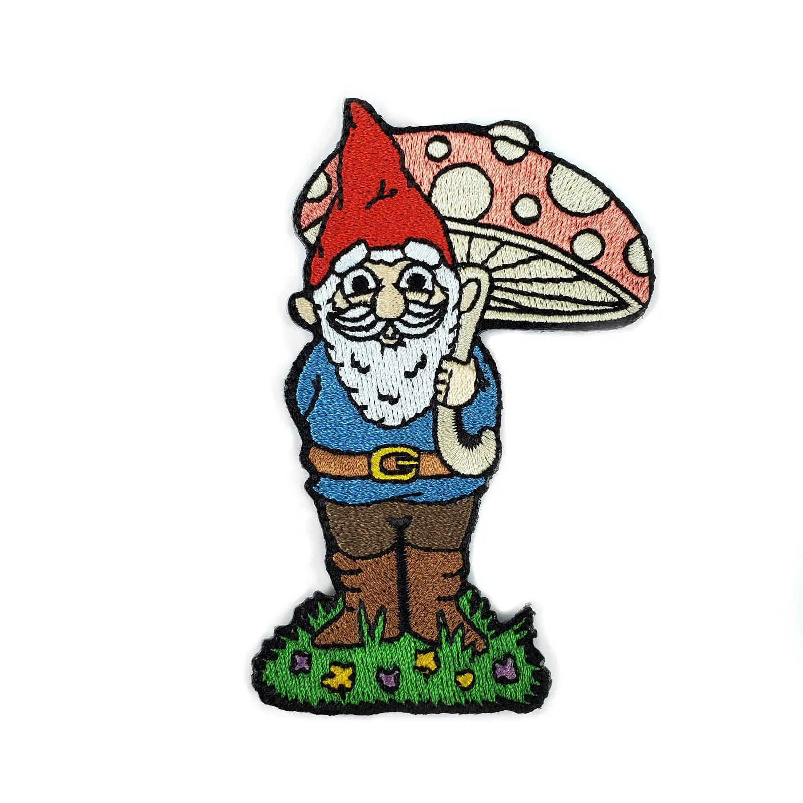 Kolorspun Garden Gnome Patch showcasing a colorful embroidered gnome design on fabric for decorating clothing or accessories.