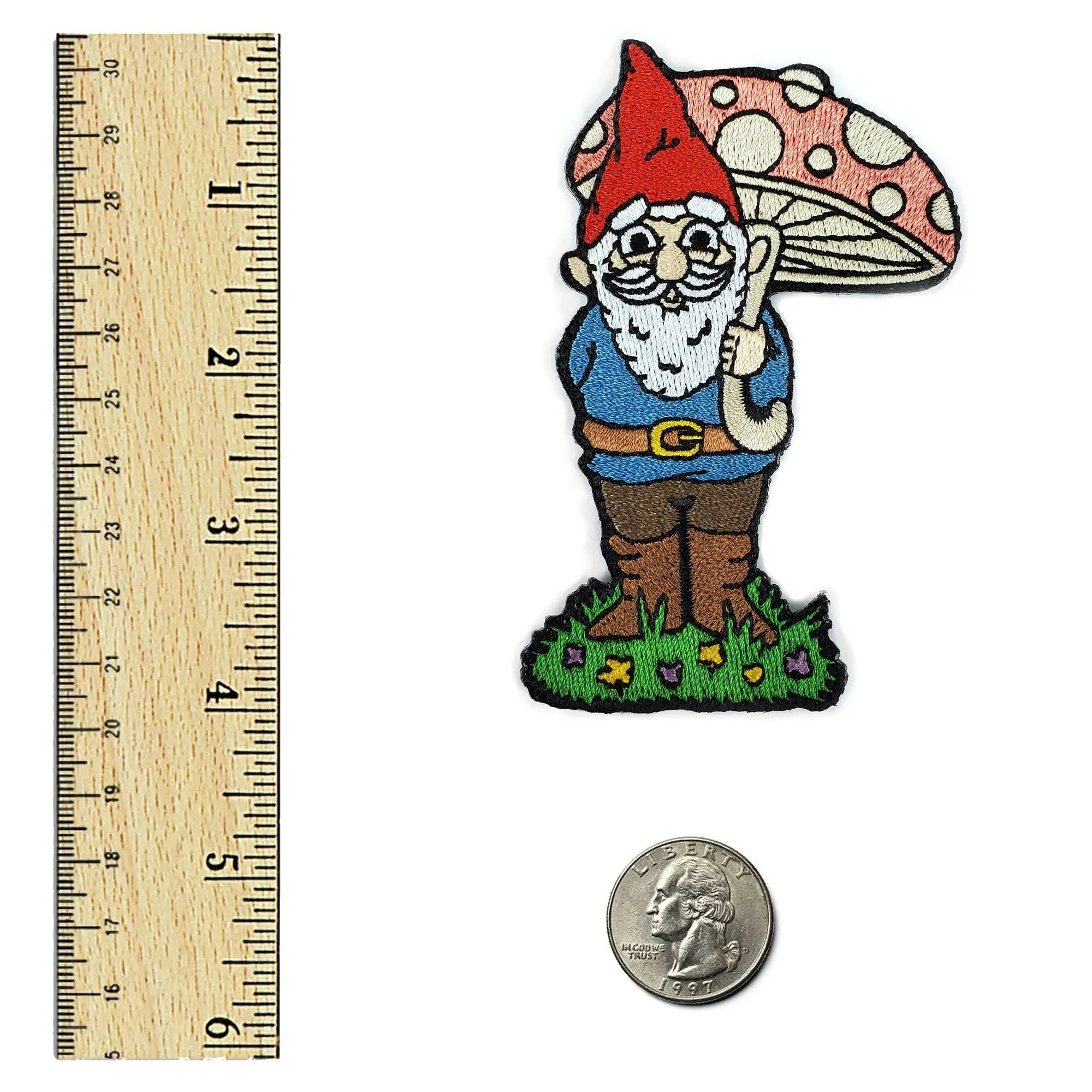 Kolorspun garden gnome patch with ruler design, colorful embroidered patch for decorating clothing or accessories.