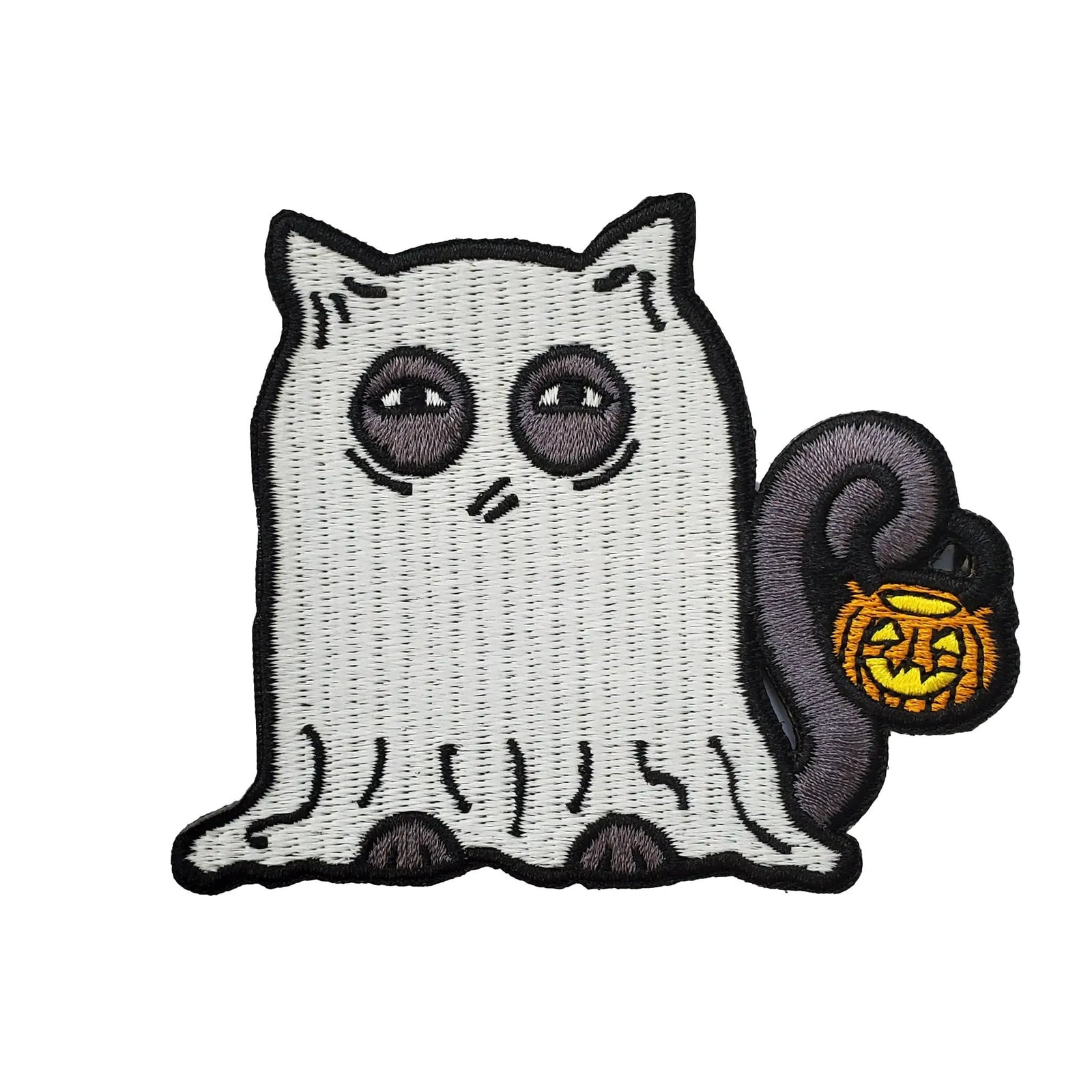Kolorspun glowing ghost cat patch with a spooky design, featuring a luminous feline figure on a fabric patch for clothing or accessories.