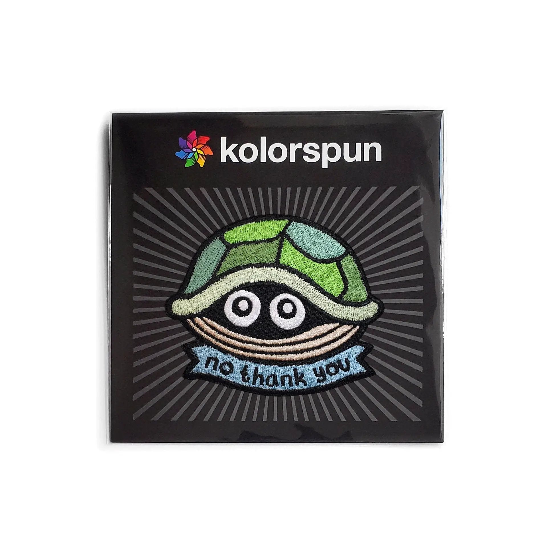 Kolorspun No Thank You Turtle patch featuring a cute turtle design on fabric, perfect for clothing or accessories.