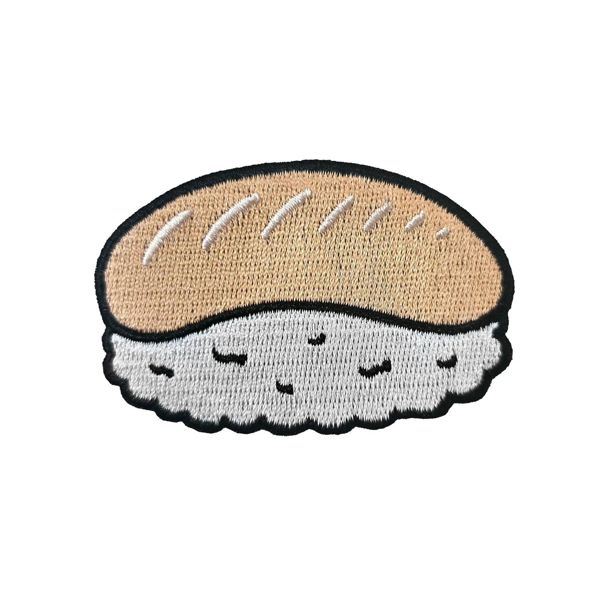 Colorful sushi patch by Kolorspun featuring a detailed design of a sushi piece on fabric.