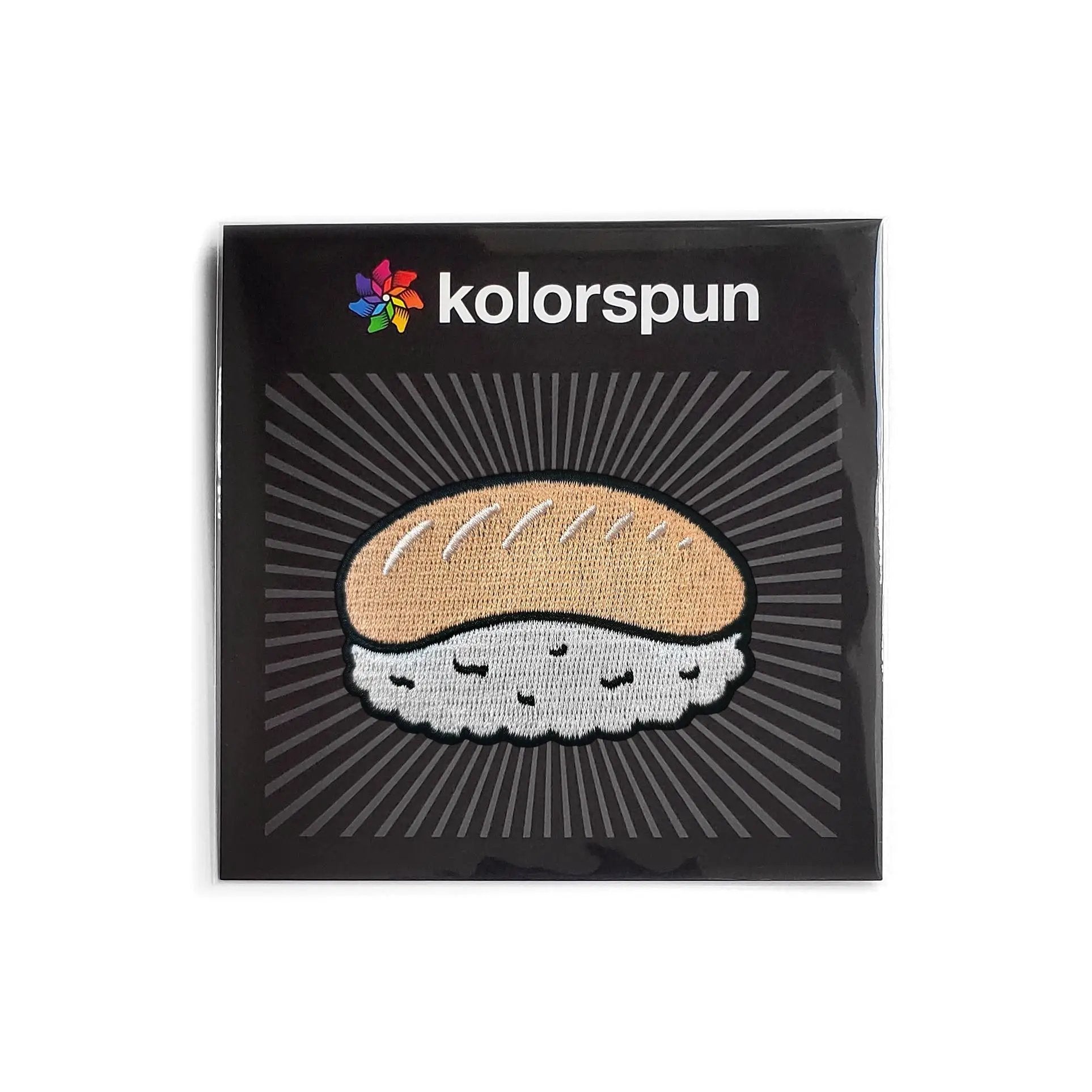 Colorful sushi patch by Kolorspun featuring a detailed embroidered design on fabric.
