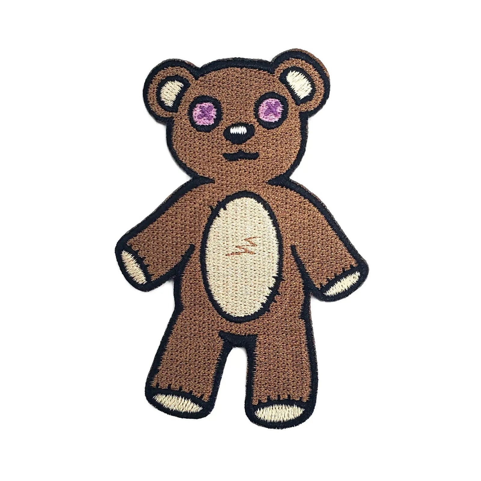 Kolorspun Teddy Bear Patch sewn onto fabric, showcasing detailed embroidered design and soft, plush appearance.