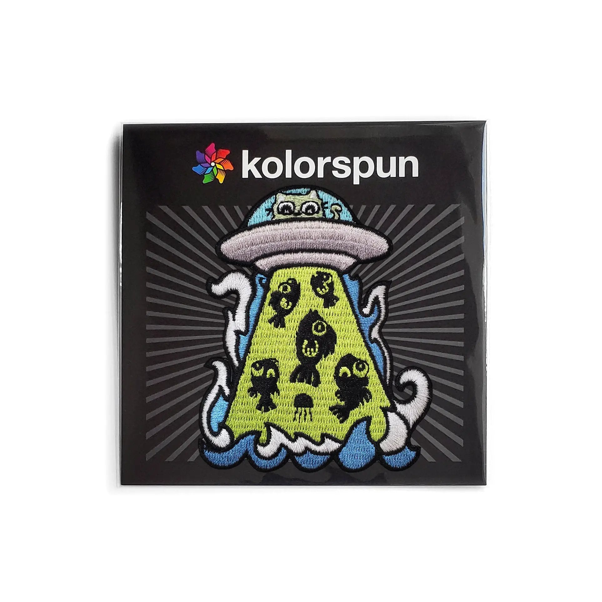 Kolorspun UFO cat patch in packaging, featuring a colorful alien cat design on a fabric patch for clothing or accessories.
