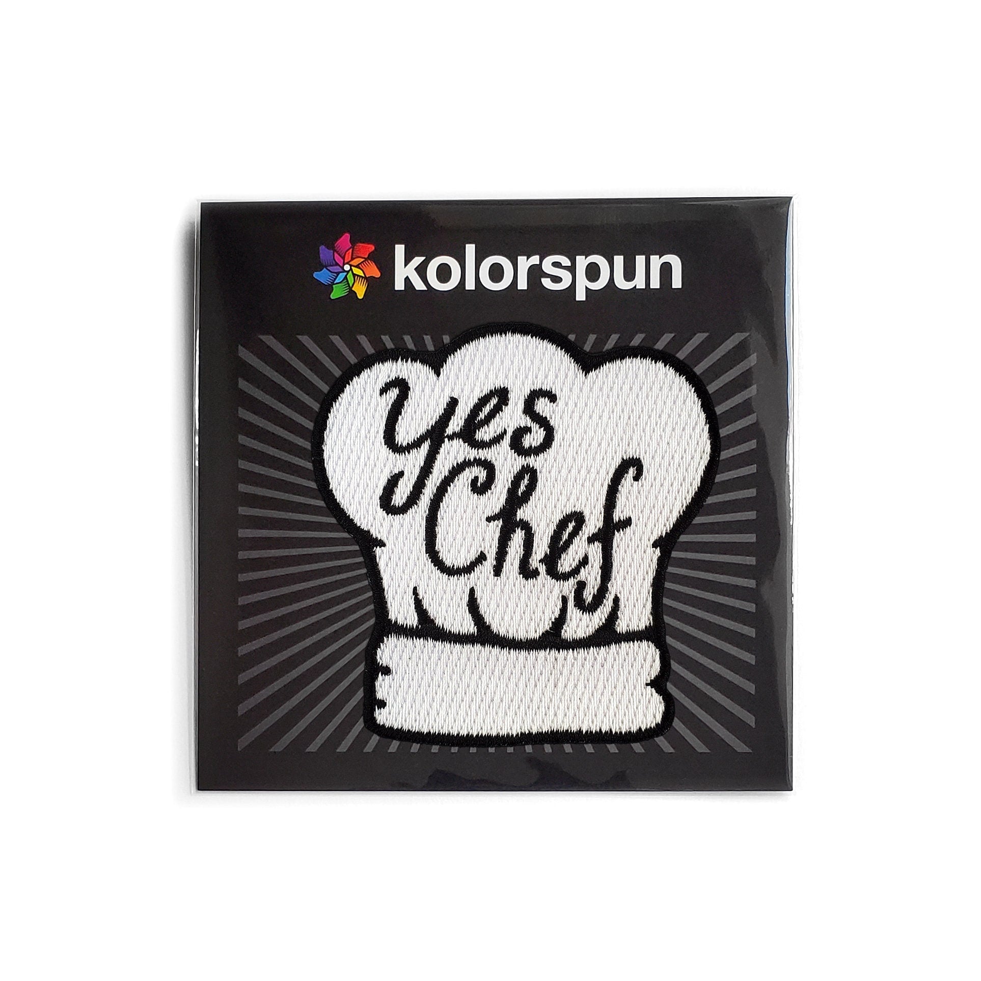 Kolorspun Yes Chef Patch showing a colorful embroidered chef-themed design on fabric.