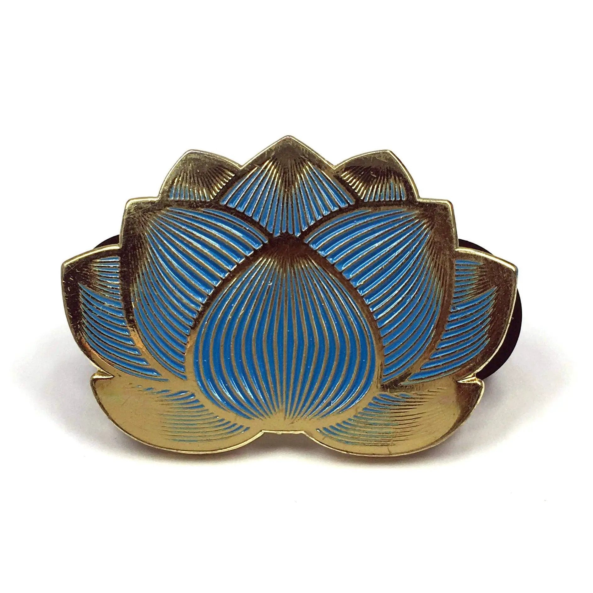 Kolorspun enamel lotus flower pins featuring vibrant, detailed floral designs on a metal pin backing.