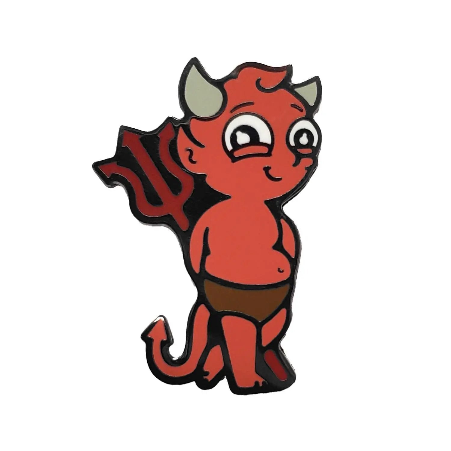 Kolorspun cute devil pin featuring a playful red and black devil design, perfect for accessories and clothing embellishments.