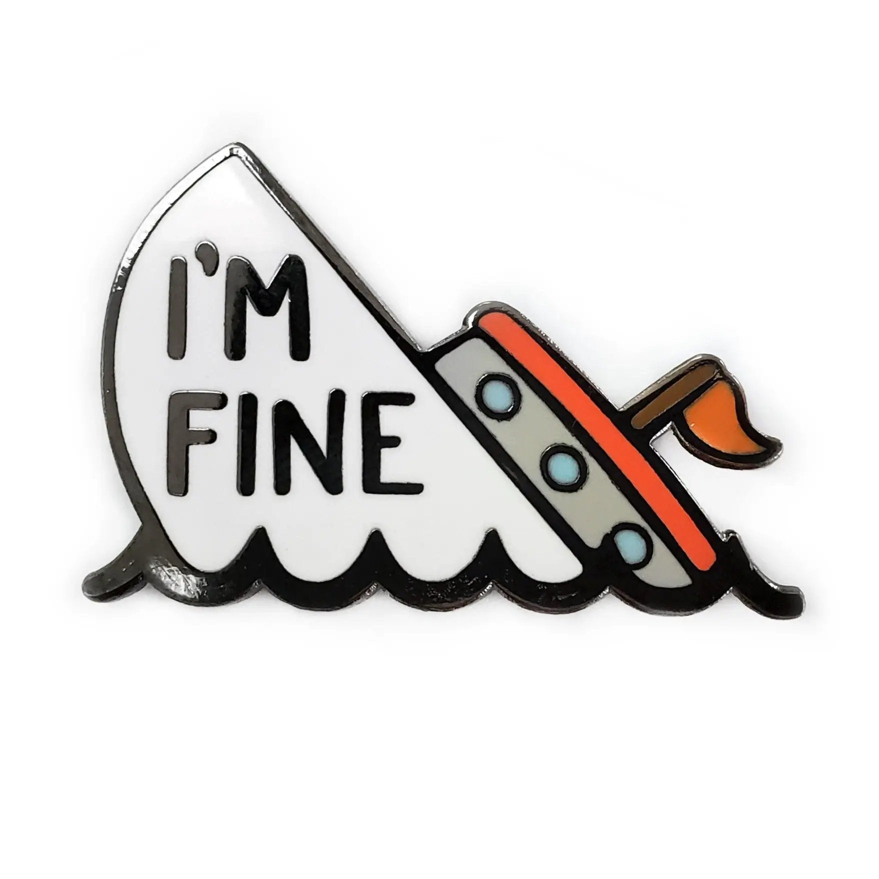 Kolorspun "I'm Fine" boat pin featuring a colorful boat design, perfect for wearable accessories and casual fashion statements.