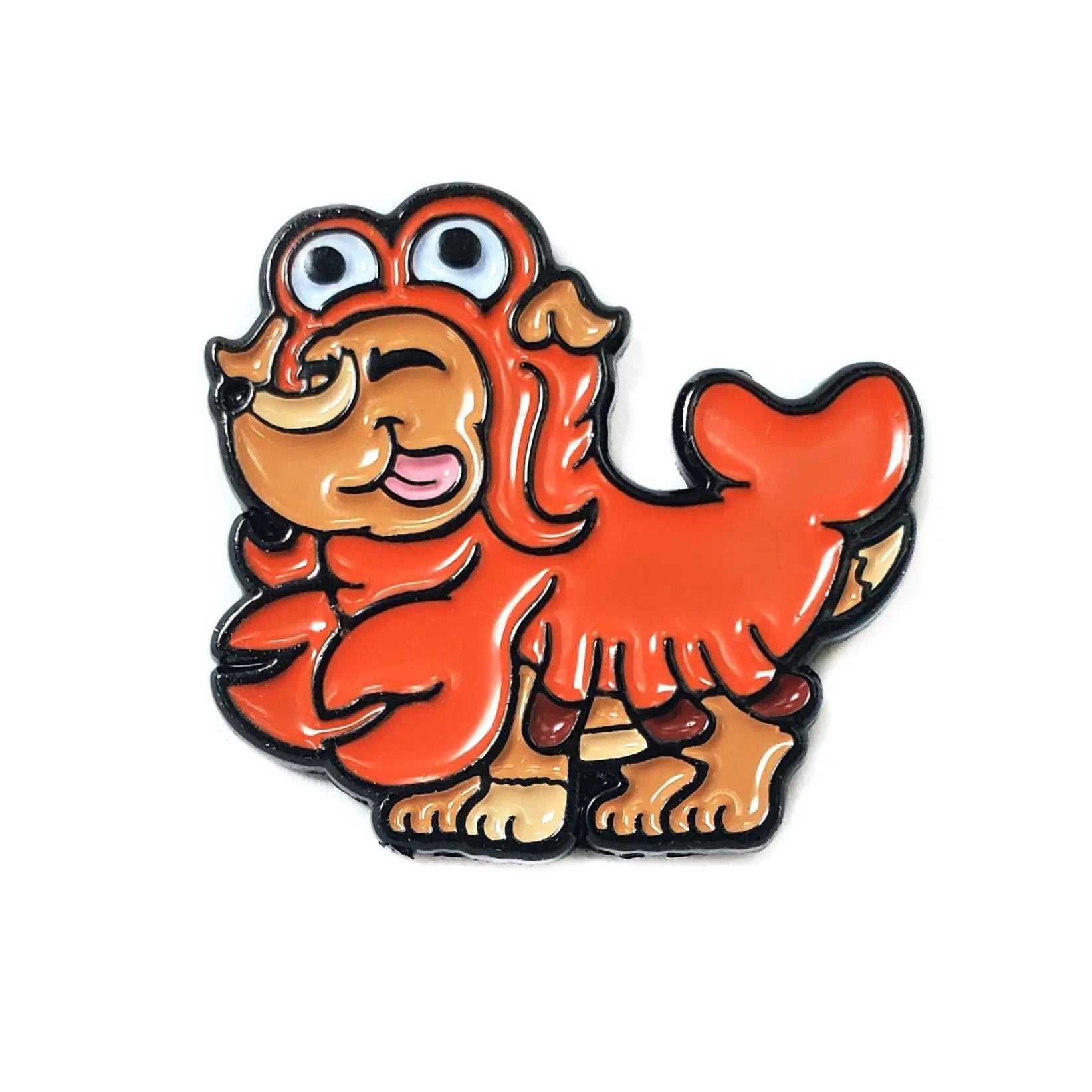 Kolorspun lobster-shaped dog pin with detailed red enamel and gold-tone finish, perfect for accessory or pet-themed jewelry.