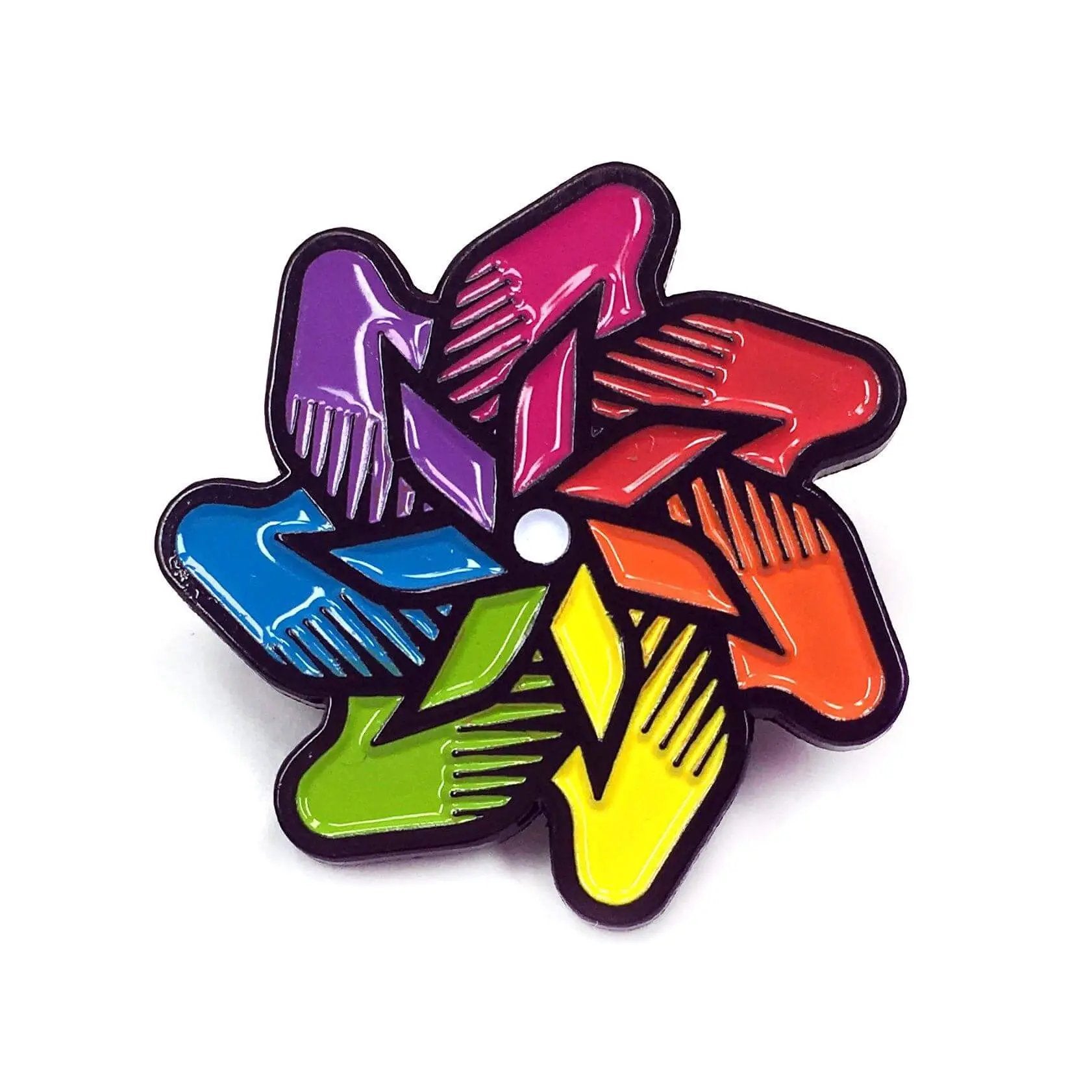 Kolorspun enamel pin featuring a colorful pinwheel design, perfect for accessory collections and pin enthusiasts.
