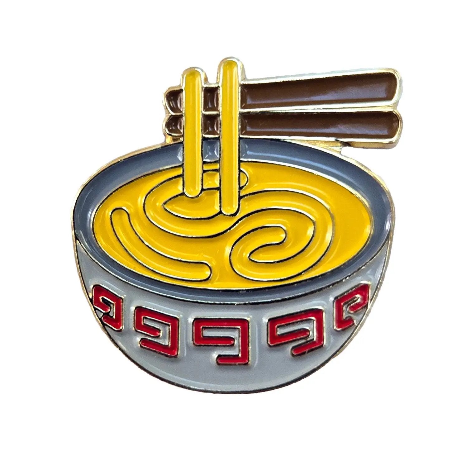 Gold ramen-shaped pin by Kolorspun featuring a detailed, shiny ramen noodle design on a metal pin.