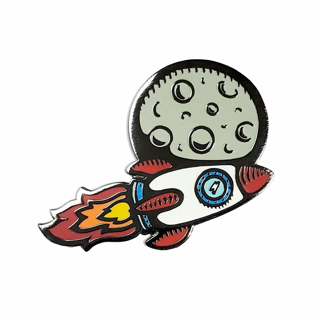 Kolorspun rocket ship pin in black nickel finish, featuring a detailed moon and rocket design for space-themed accessories.