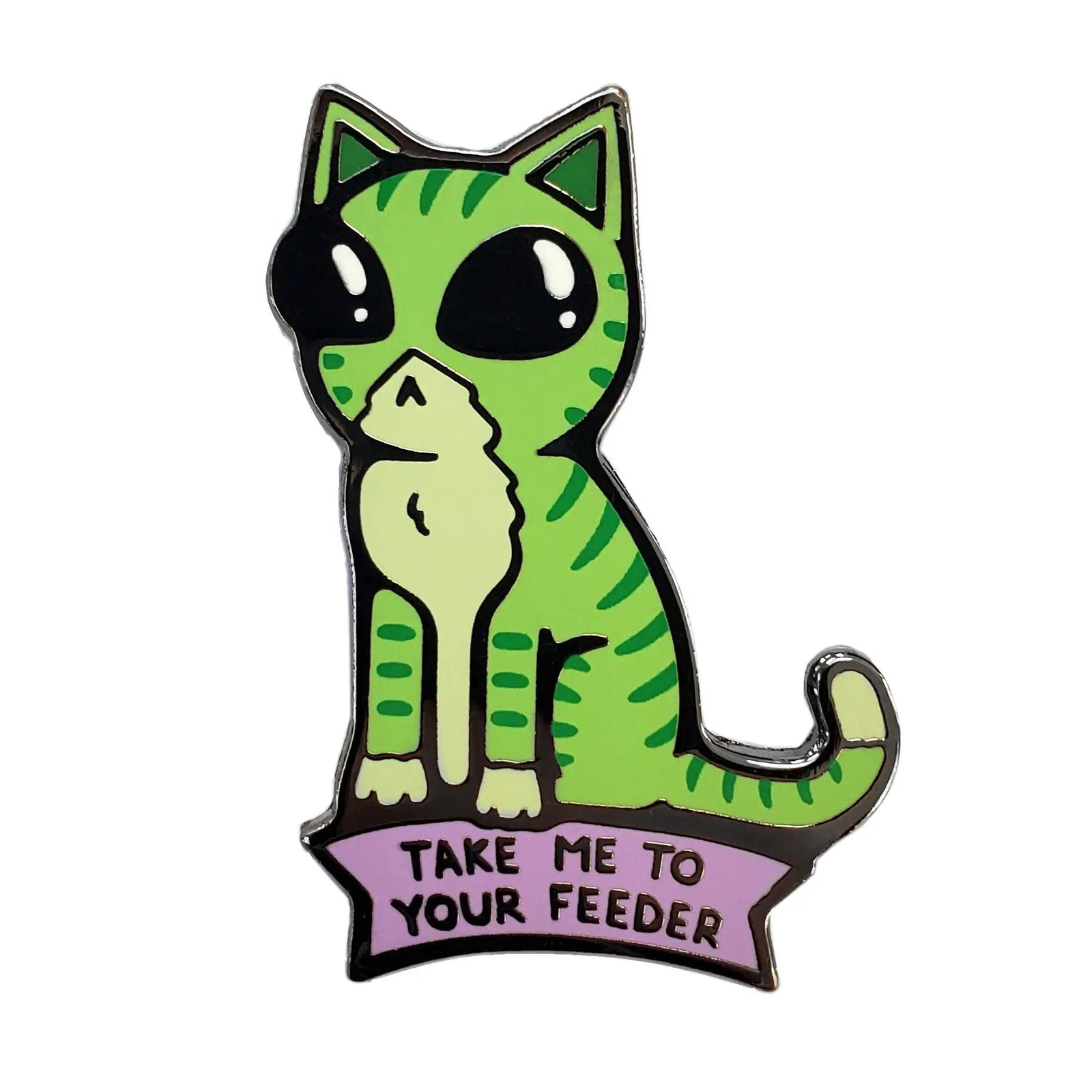Kolorspun Take Me To Your Feeder cat pin featuring a playful cat design, perfect for attaching to clothing or accessories.