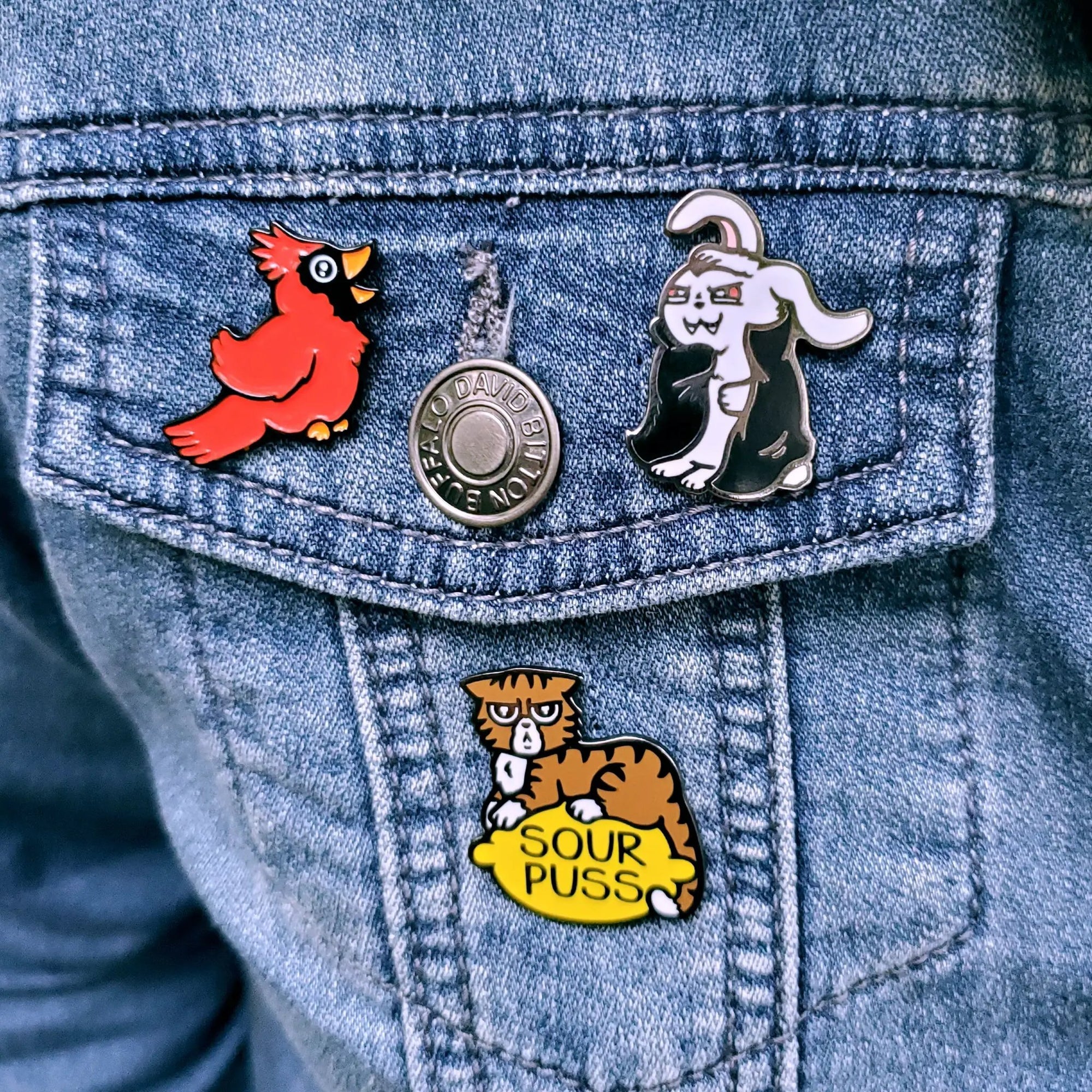 Vampire Bunny pin by Kolorspun featuring a cute rabbit with vampire fangs on a colorful background.