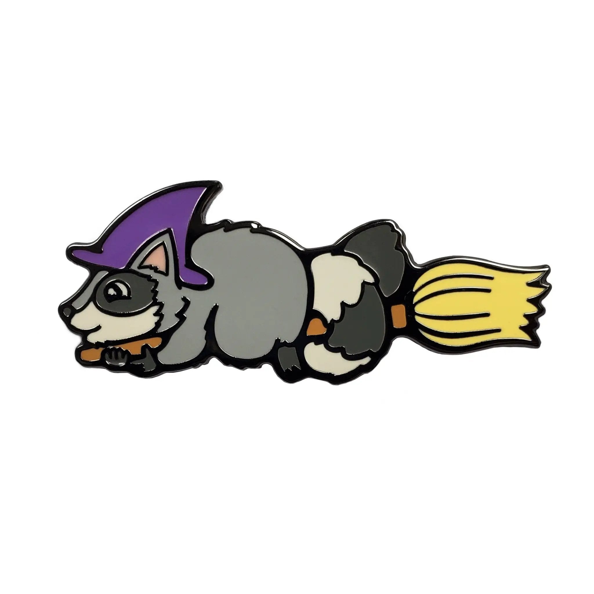 Kolorspun Witch Raccoon enamel pin featuring a cute raccoon dressed as a witch with colorful details.